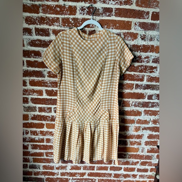 Vintage handmade tan & white gingham dress with pleated skirt, no tag, fits S-M - Picture 3 of 7